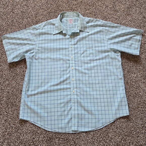 Brooks Brothers 346 Short Sleeve Shirt Mens XXL Blue Grid Check No Iron Preppy - Picture 1 of 6